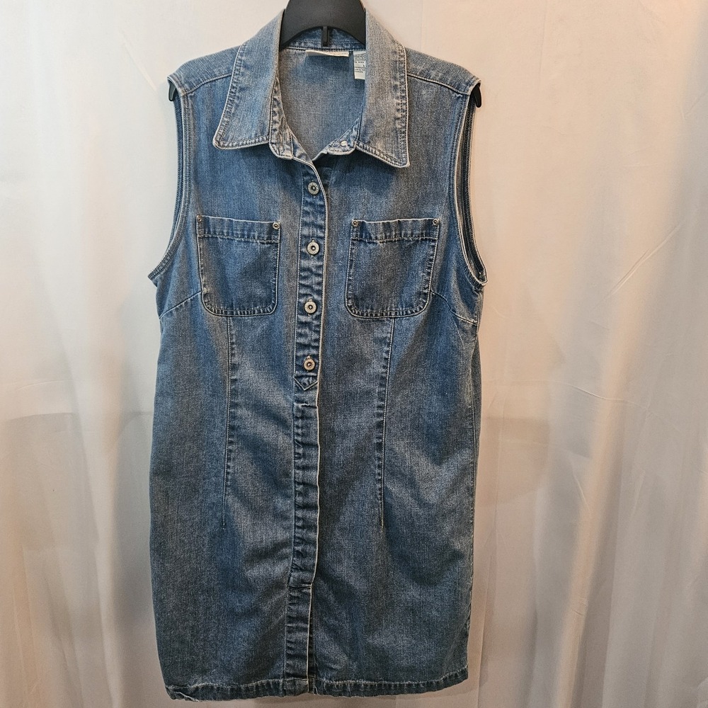 Vintage Bill Blass Denim Dress Womens Large Sleeveless Cottagecore Pockets 90s